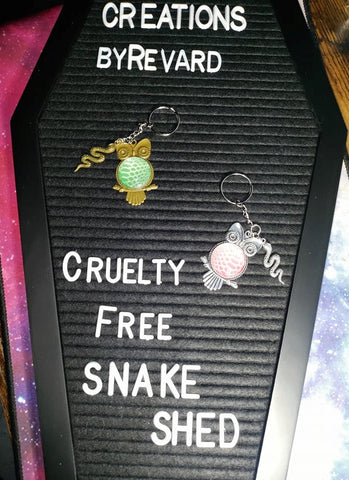 Cruelty Free Snake Shed Owl ( Belly piece ) Keychain With a Snake Charm